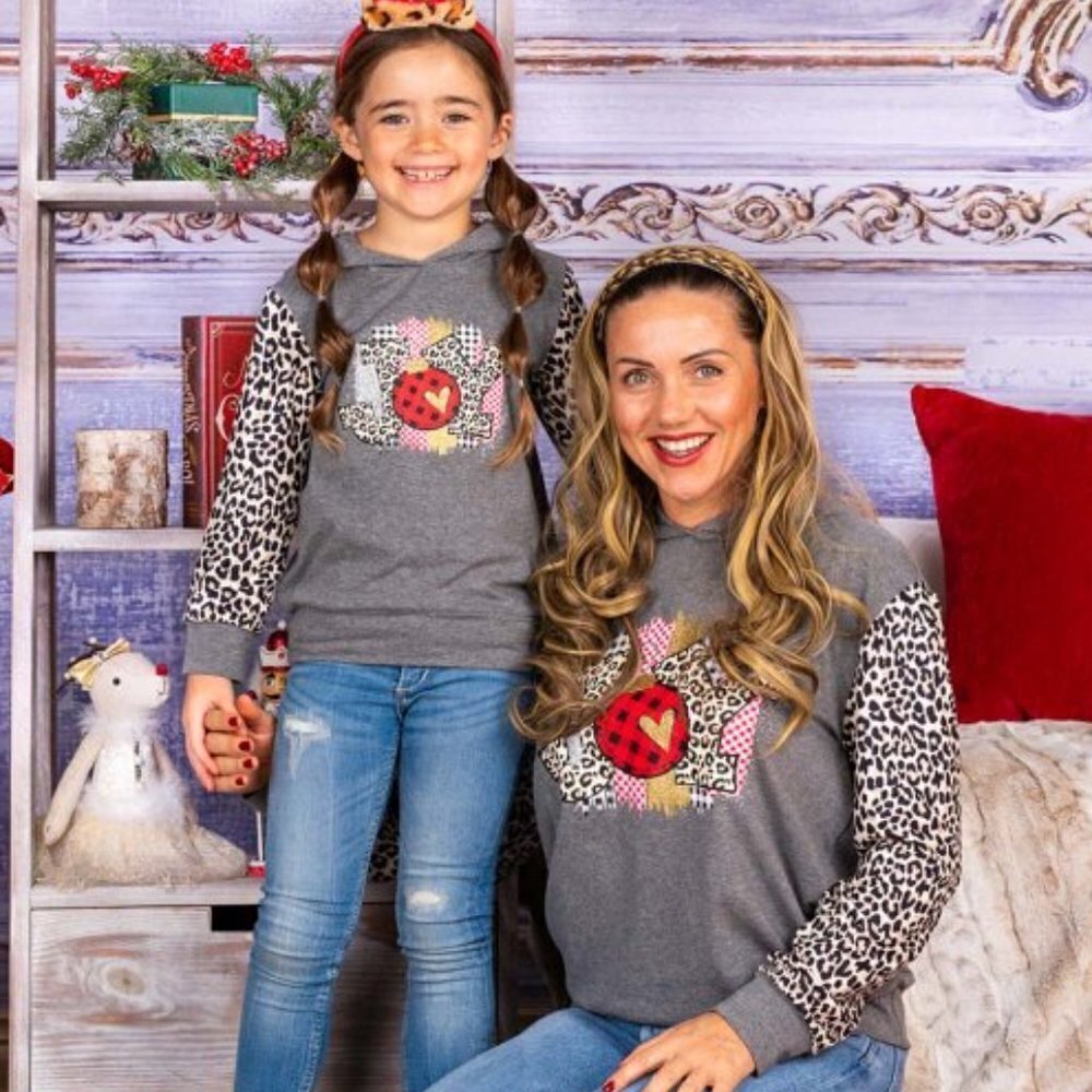 Gray Leopard Plaid-Accent 'Joy' Hoodie - Mom & Daughter